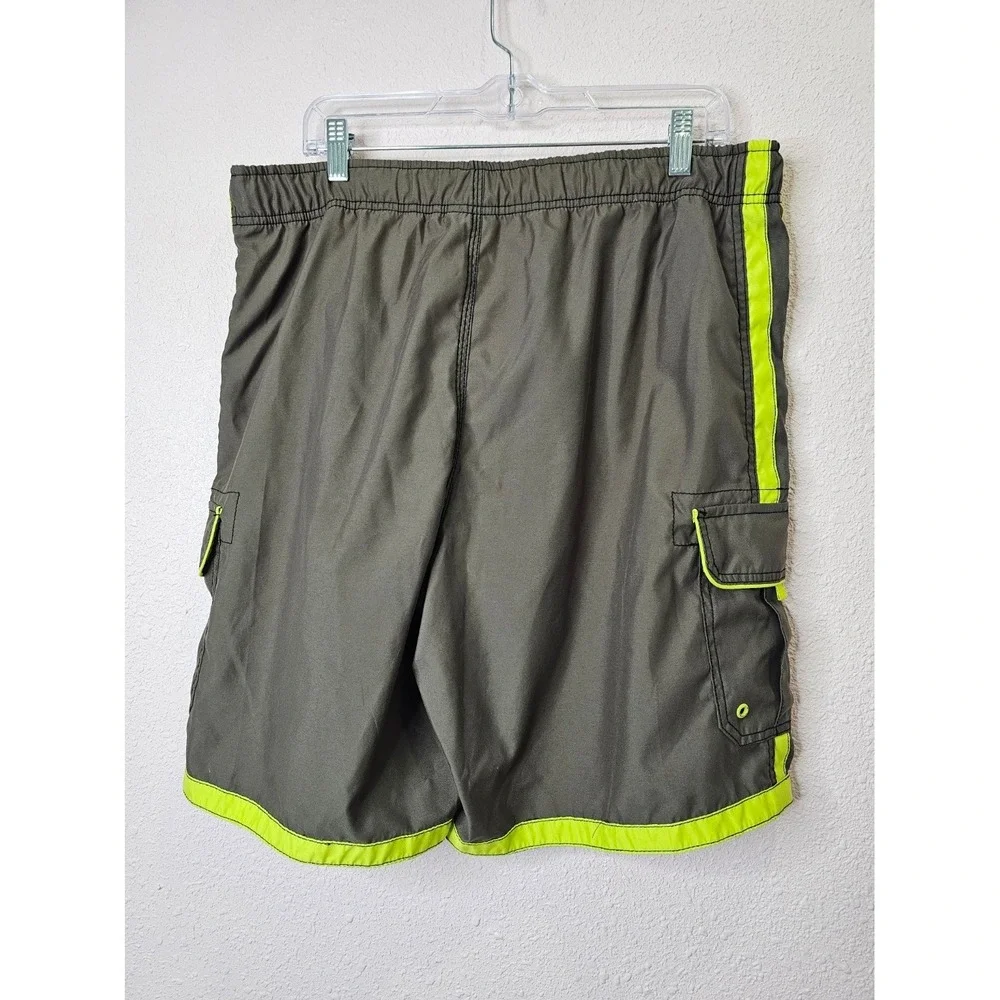 Joe Boxer Mens Cargo Swim Trunks Green Neon Lime Size Large Pockets Board Shorts